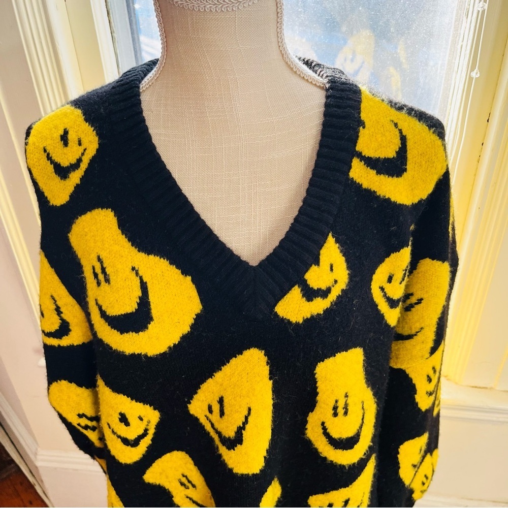 Lazy Oaf Black Sweater with Yellow Smiley Pattern - Picture 3 of 4